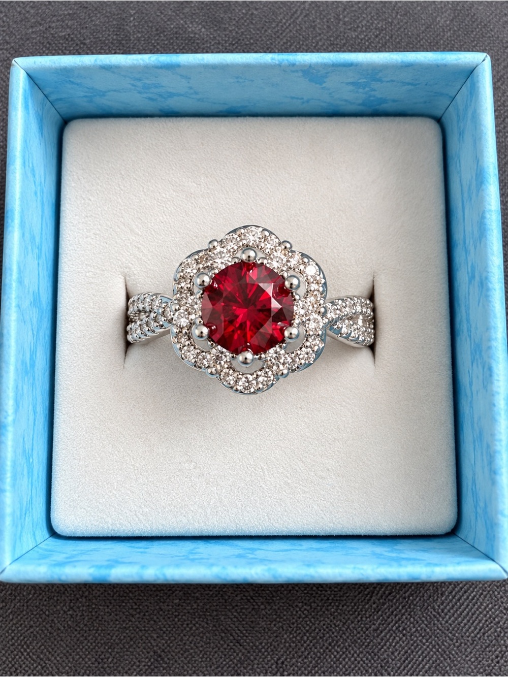 1 CT Red Moissanite Ring – S925 Sterling Silver – Size 6 – Floral Halo